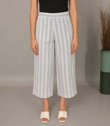 White-Blue Stripe Cotton Flared Pants