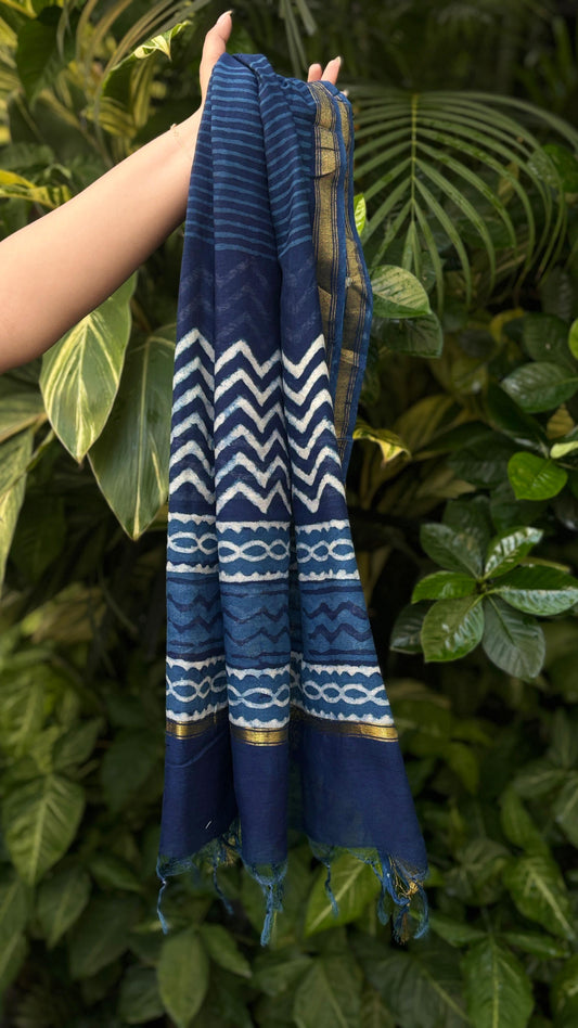 Indigo Zigzag Hand Block Printed Chanderi Zari Dupatta