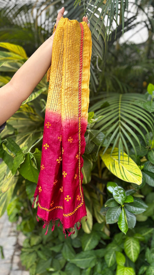 Mustard Yellow and Red OmbrΓ© Tassar Silk Stole with Kantha Hand Embroidery