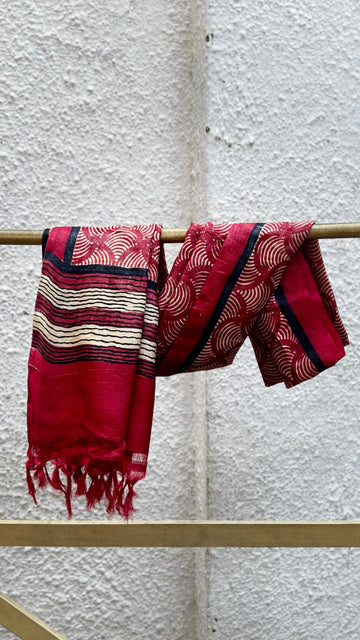 Red Tassar Dupatta with Hand Block Print