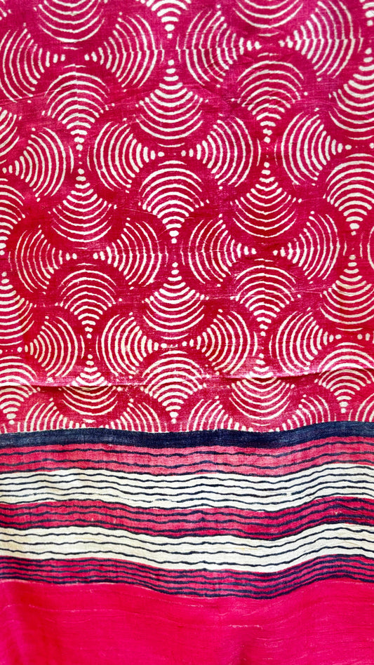 Red Tassar Dupatta with Hand Block Print