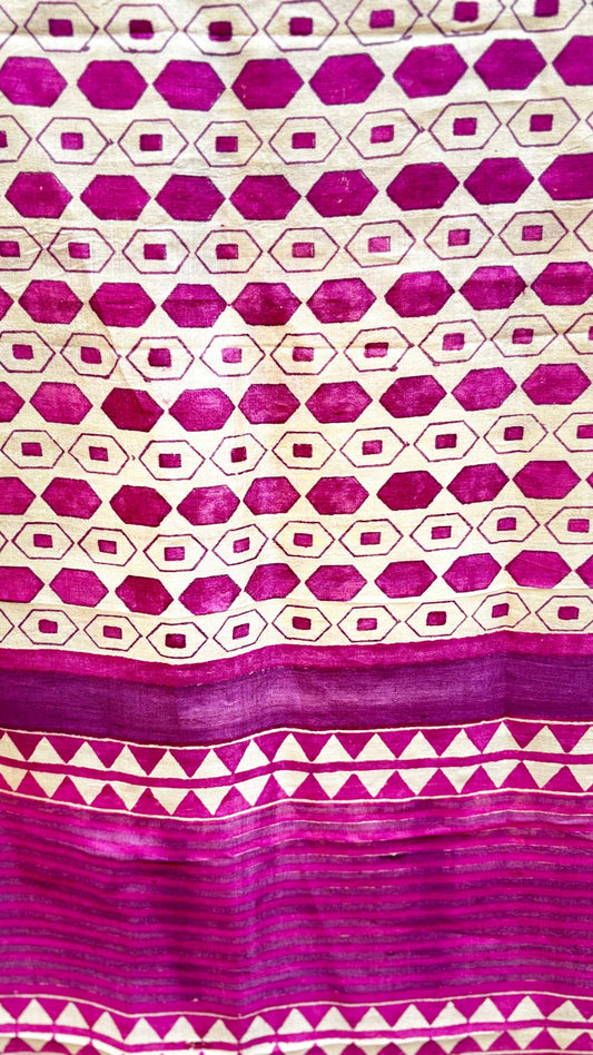 Pink-Purple Tassar Dupatta with Hand Block Printing