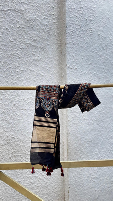 Black Ajrakh Cotton Stole with Chanderi Silk Detailing