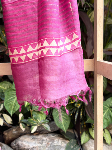 Pink-Purple Tassar Dupatta with Hand Block Printing