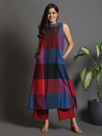 Red-Blue Checks Handwoven Halter Neck Dress with Red Flared Pants Co-ord Set (set of 2)