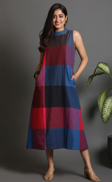 Red-Blue Checks Handwoven Long Halter Neck Dress with Hand Embroidery detailing