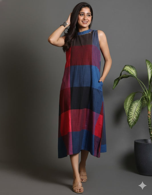 Red-Blue Checks Handwoven Long Halter Neck Dress with Hand Embroidery detailing