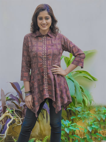 Brown Ajrakh Block Printed Asymmetric Top