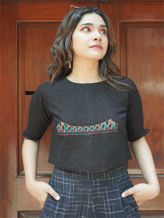 Black Handwoven Crop Top With Howrah Bridge Hand Embroidery Detailing