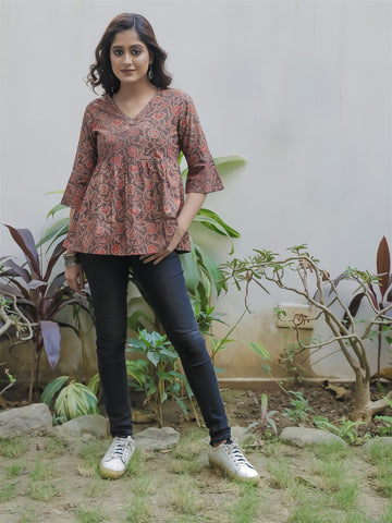 Brown Ajrakh Peplum Top with Kantha Hand Embroidery