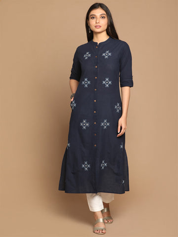 Indigo Cotton Kurta with Hand Embroidery Butis