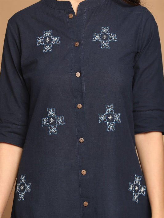 Indigo Cotton Kurta with Hand Embroidery Butis