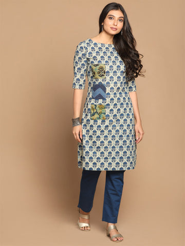 Indigo Ajrakh Printed Collage Kurta With Kantha Hand Embroidery Detailing