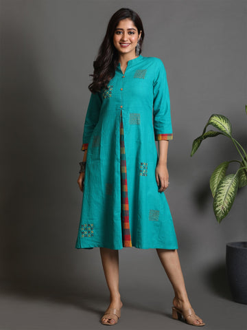 Turquoise Multicolour Checks Kali Handwoven Kurta with Hand Embroidery Butas