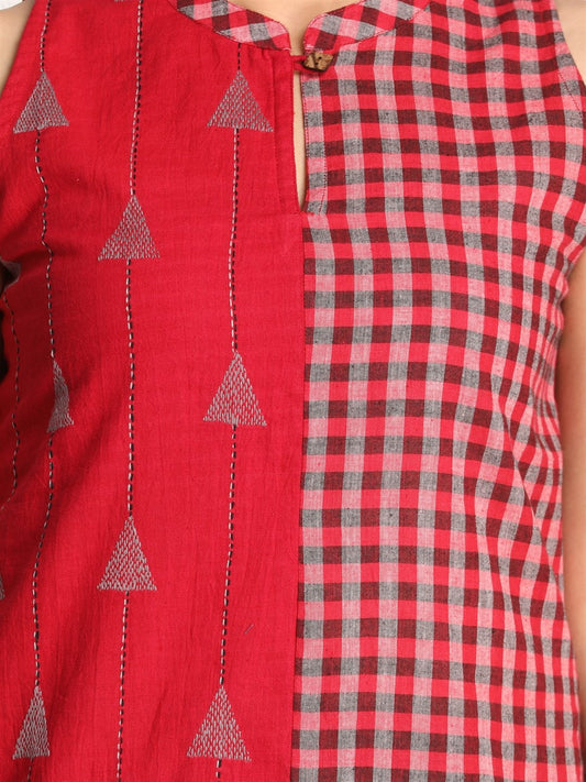Red Khadi Short Kurti With Kantha Hand Embroidery Detailing