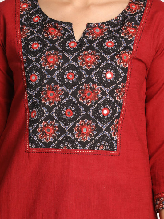 Red Cotton Kurta With Hand Embroidered And Mirror Work