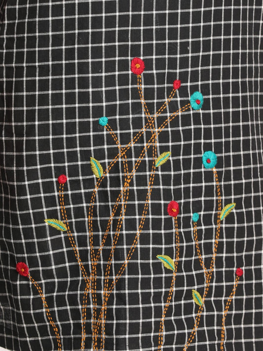 Black Checks Floral Kurta with Boat Neck & Hand Embroidery Detailing