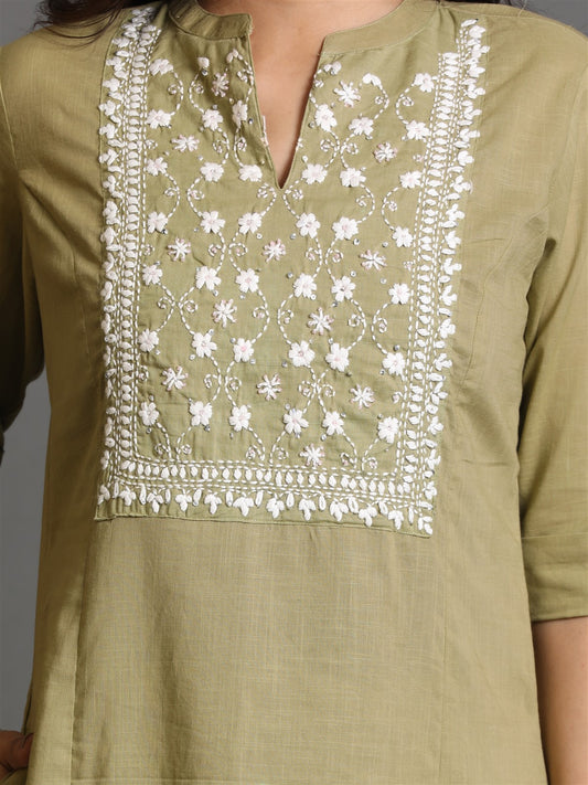 Olive Coordinate Set With Floral Kantha Hand Embroidery Detailing On Yoke