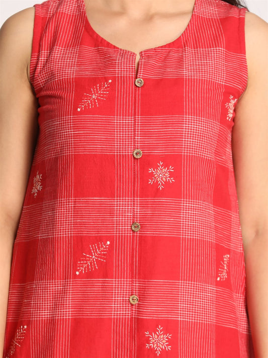 Red Checks A Line Sleeveless  Kurta with Hand Embroidery Detailing