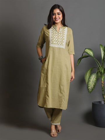 Olive Coordinate Set With Floral Kantha Hand Embroidery Detailing On Yoke