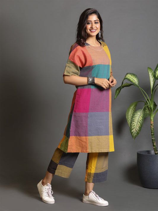Mustard Multicolour Checks Handwoven Anti-fit Dress with Hand Embroidery Detailing Co-ord Set (Set of 2)