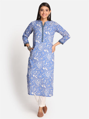 Blue Printed Cotton Kurta with Hand Embroidery Detailing
