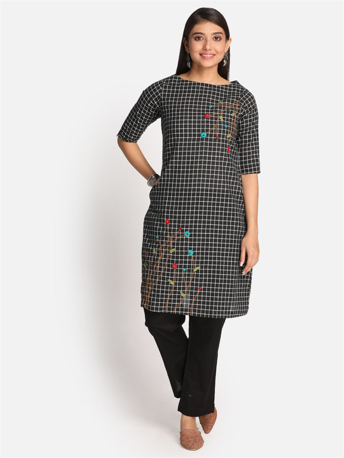 Black Checks Cotton Kurta with Boat Neck And Floral Hand Embroidery