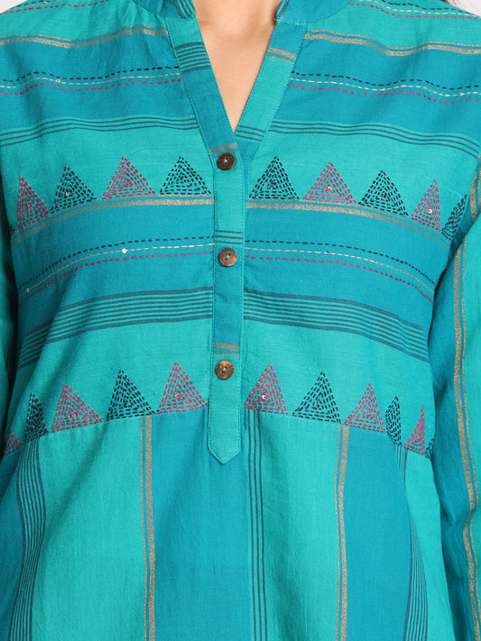 Turquoise Zari Kantha Hand Embroidered Kurta