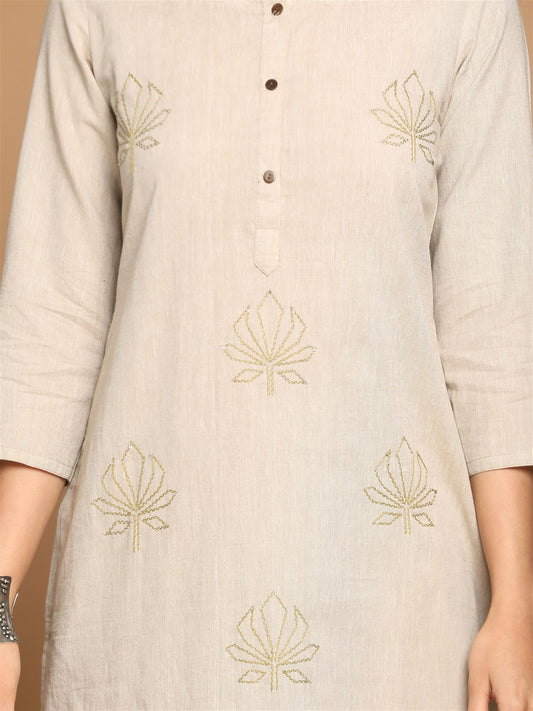 Beige Cotton Kurta with Hand Embroidery Detailing
