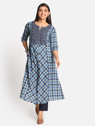 Blue Checks Handwoven Kurta with Kantha Hand Embroidery On Yoke