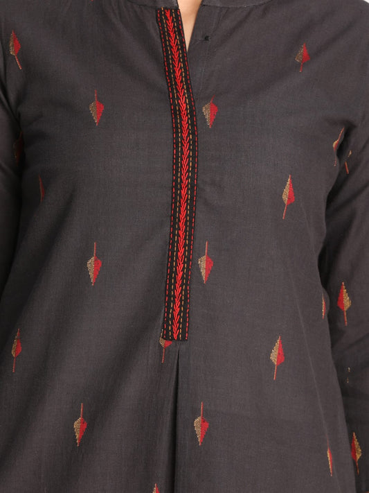 Black Cotton Zari Booti Kurta With Kantha Hand Embroidery Detailing