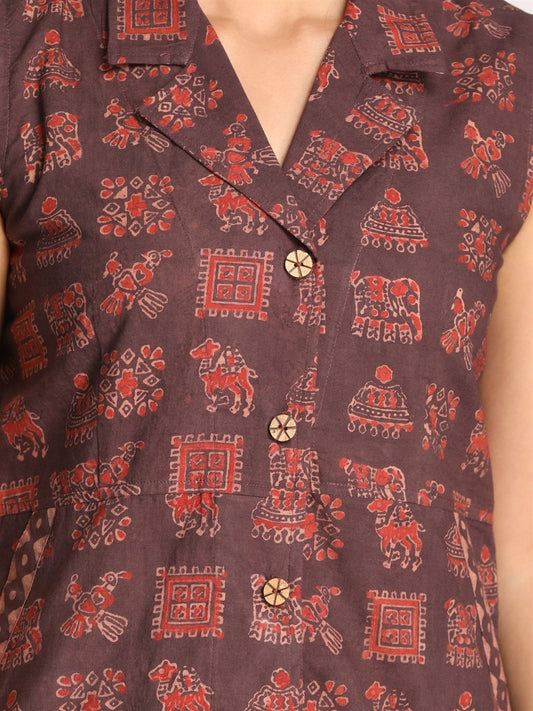 Brown Ajrakh Print Cotton Shirt Collar Sleeveless Dress
