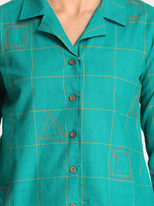 Emerald Green Checkered High Low Hand Embroidered Top