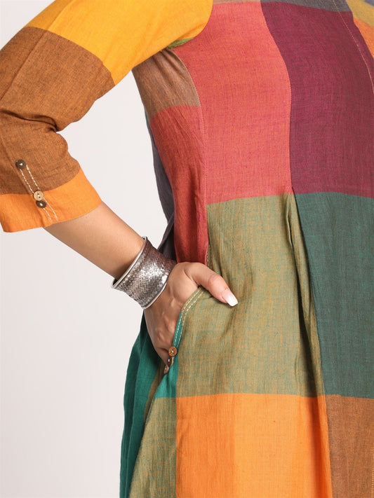 Multi-Color Khadi Front Open A-Line Kurta With Kantha Hand Embroidery Detailing On Pockets And Sleeves
