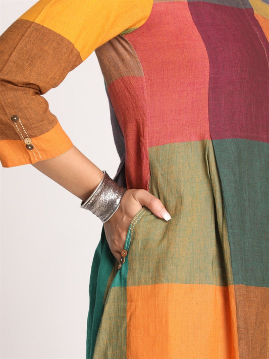 Mustard Multicolour Checks Handwoven Front Open A-Line Kurta with Hand Embroidery detailing