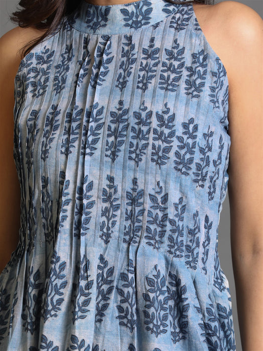 Indigo Ajrakh Hand Block Printed Pleated Sleeveless Dress