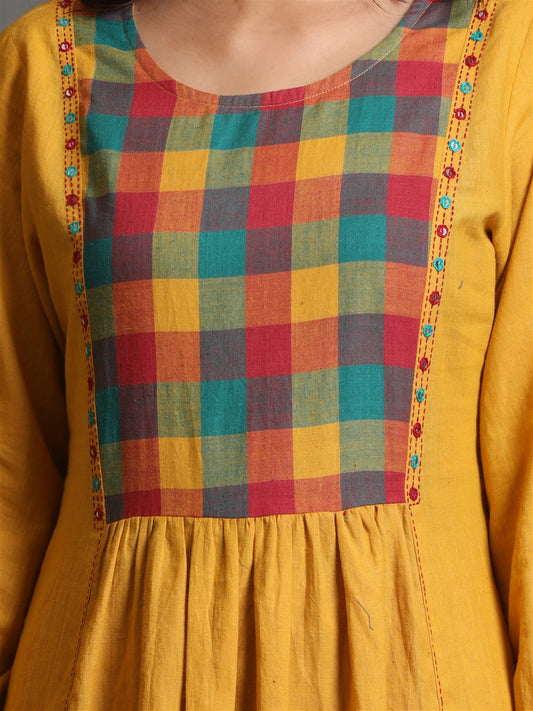 Yellow Checks Handwoven Pleated Kurta