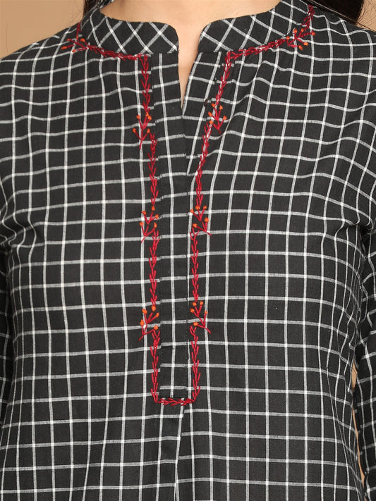 Black Checkered Cotton Kurta with Hand Embroidery Detailing