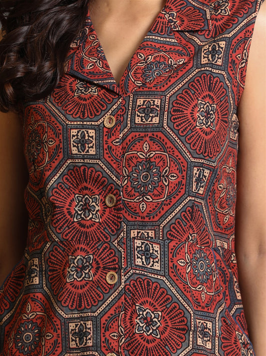 Red Ajrakh Block-Printed Shirt Collar Dress
