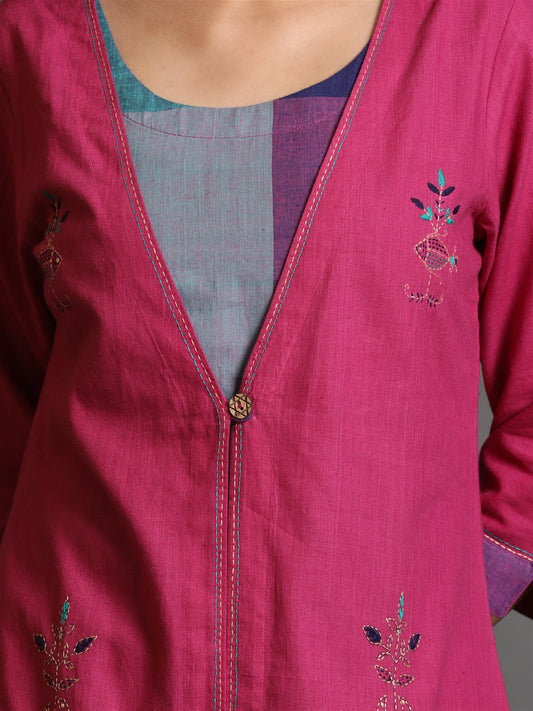 Fuchsia Pink Handwoven Jacket Style Kurta with Hand Embroidery Detailing