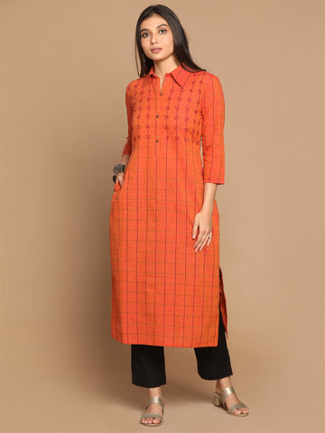 Fire Checks Shirt Collar Cotton Kurta with Hand Embroidery Detailing