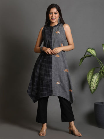 Grey-Black Khadi Taxi Kurta With Kantha Hand Embroidery Detailing