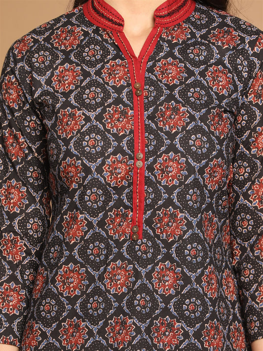 Maroon-Black Ajrakh Printed Kurta With Kantha Hand Embroidered On Collar