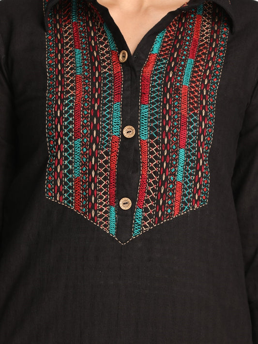 Black Handwoven Kurta with Hand Embroidery Detailing