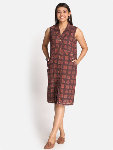 Brown Ajrakh Print Cotton Shirt Collar Sleeveless Dress