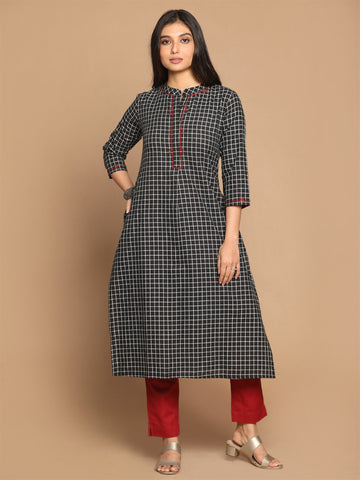 Black Checkered Kantha Hand Embroidered Cotton Kurta
