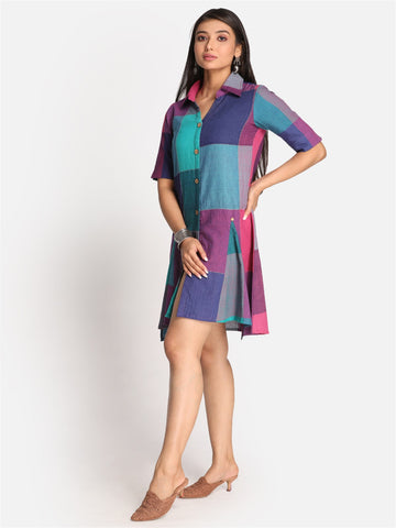 Multicolour Checks Handwoven Tunic With Hand Embroidery Detailing