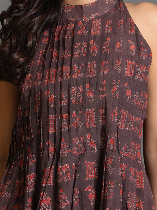 Brown Ajrakh Hand Block Printed Pleated Sleeveless Dress
