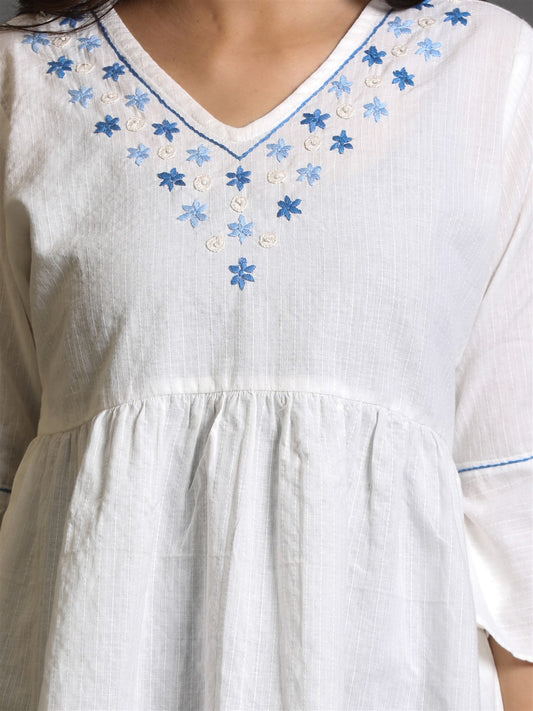 White Cotton Peplum Top with Hand Embroidery Detailing