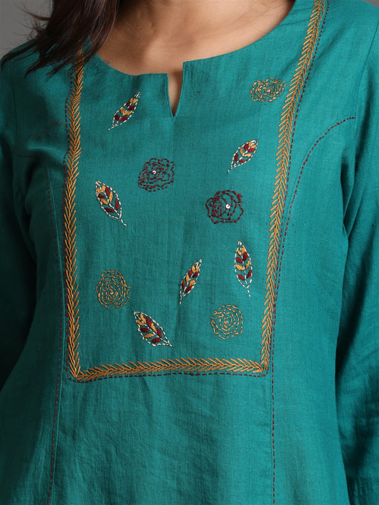 Dark Green A-Line Long Panel Khadi Kurta With Kantha Hand Embroidery